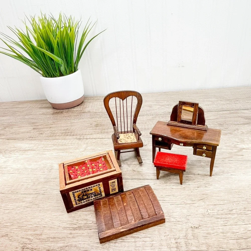 Miniature wooden dollhouse Vanity with Mirror & Stool, Chest, & Rocking Chair